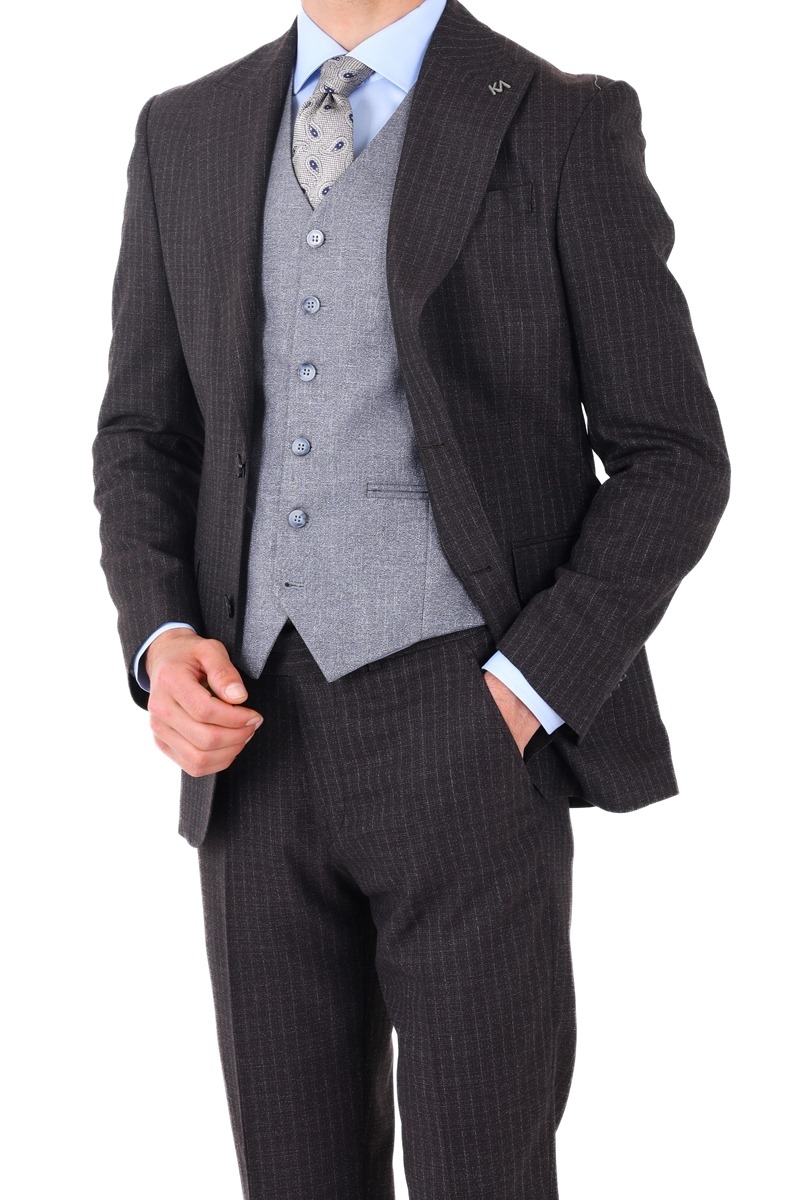 Yelekli Takım Elbise - Kahverengi