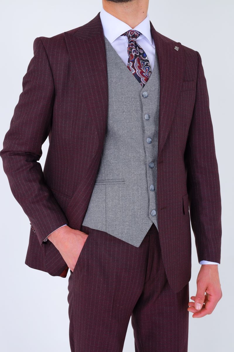 Yelekli Takım Elbise - Bordo