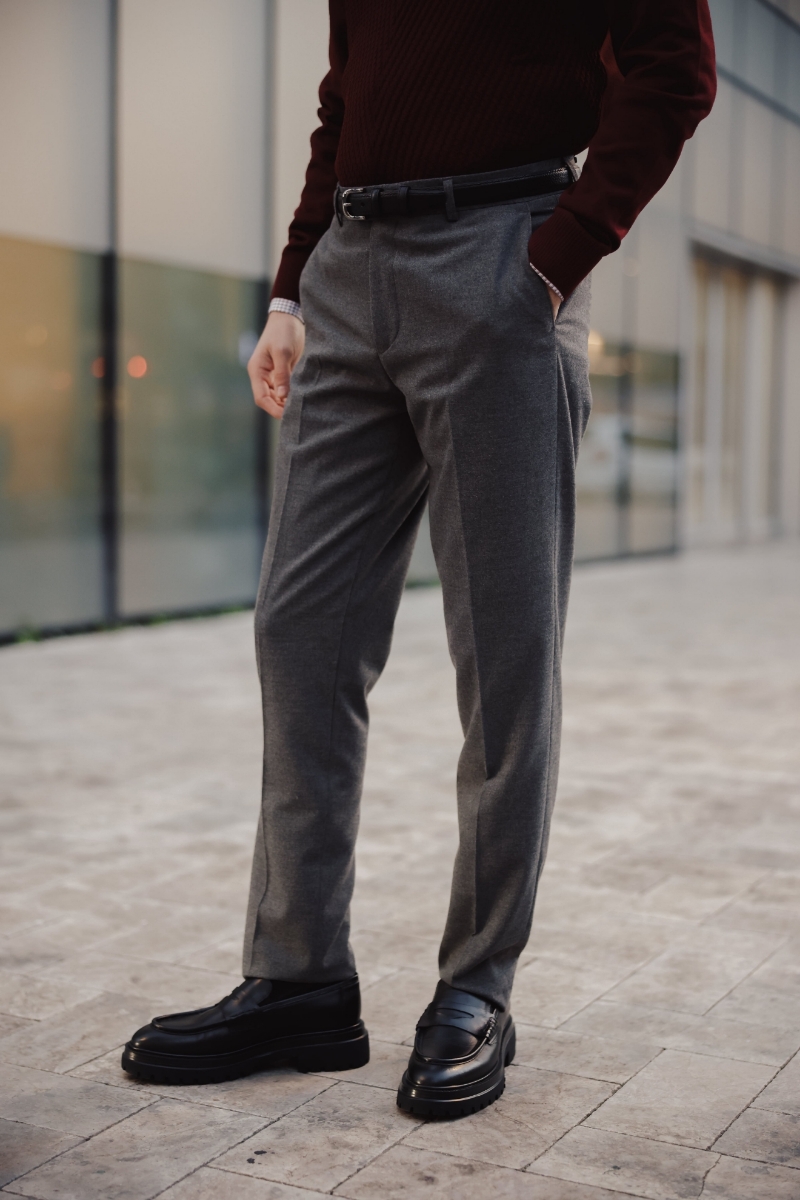 Luxe Flanel Slim Fit Pantolon - Füme