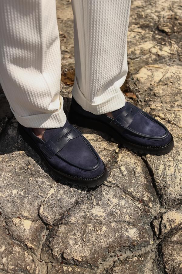 Loafer Ayakkabı Lacivert Süet Biye - 43