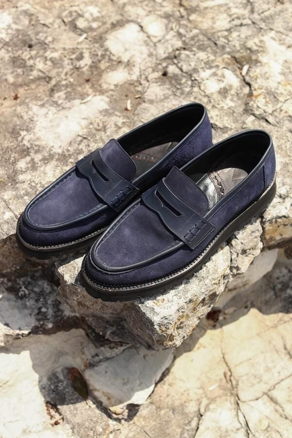 Loafer Ayakkabı Lacivert Süet Biye - 43