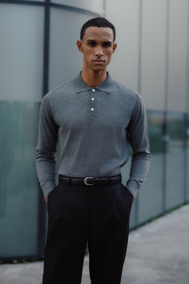 Pearl Polo Yaka Triko Gri-Melanj - L