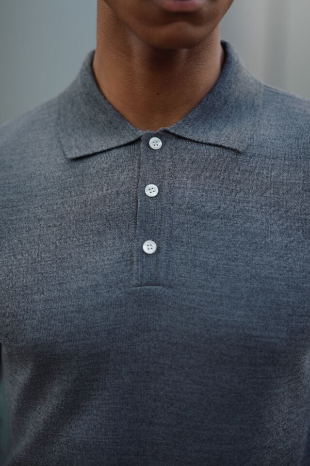 Pearl Polo Yaka Triko Gri-Melanj - L