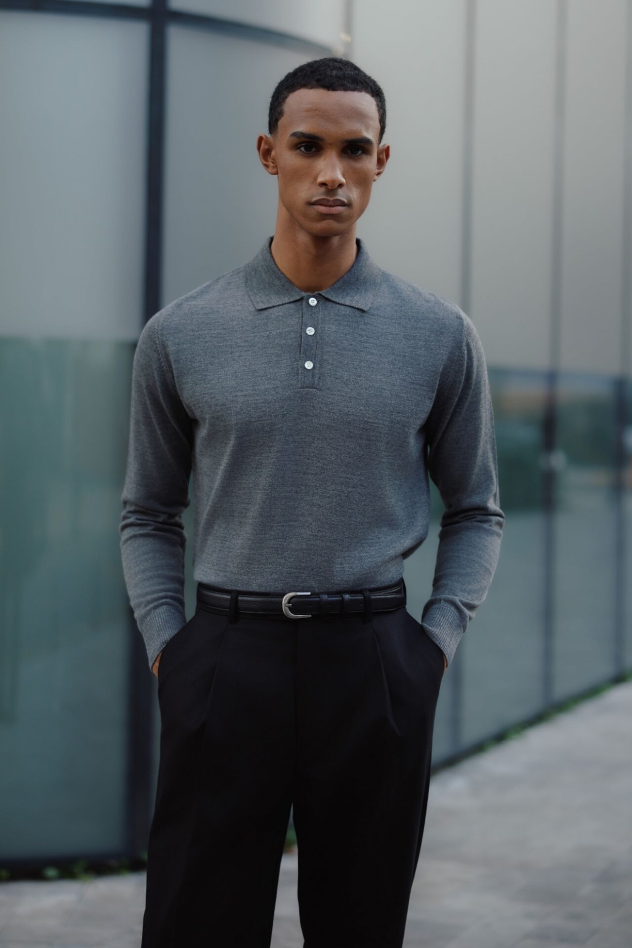 Pearl Polo Yaka Triko Gri-Melanj - M