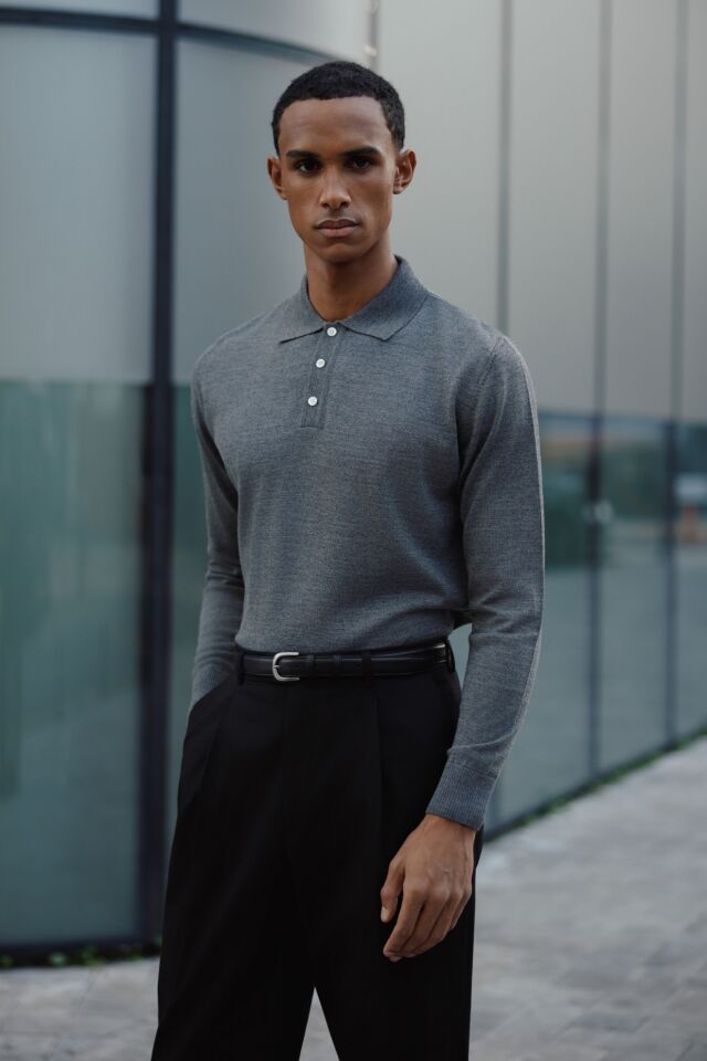 Pearl Polo Yaka Triko Gri-Melanj - M