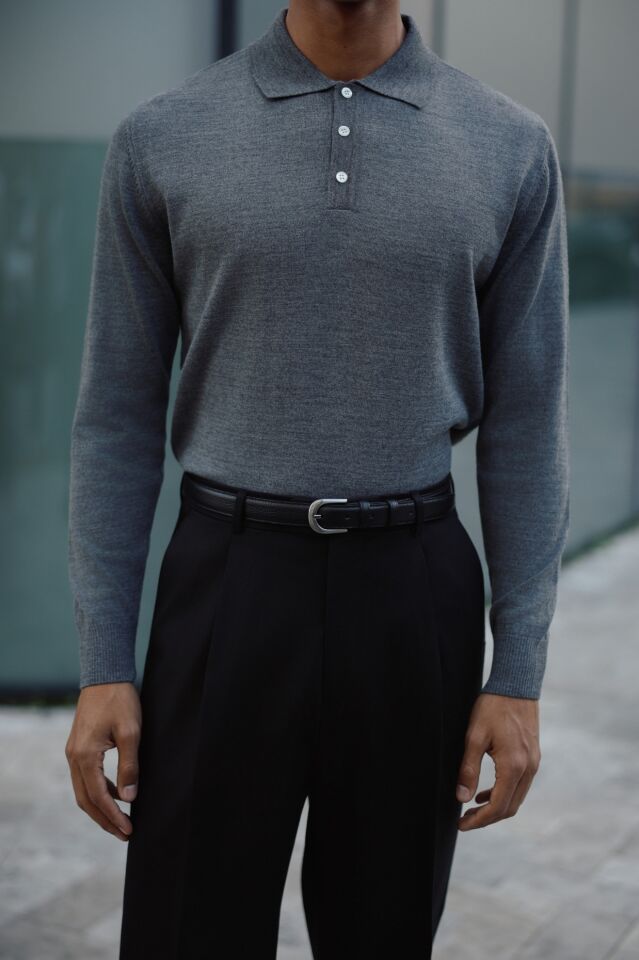 Pearl Polo Yaka Triko Gri-Melanj - XL