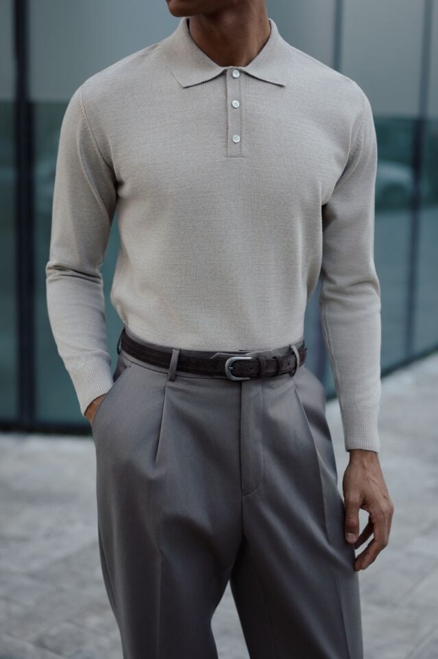 Pearl Polo Yaka Triko Bej-Melanj - XXL