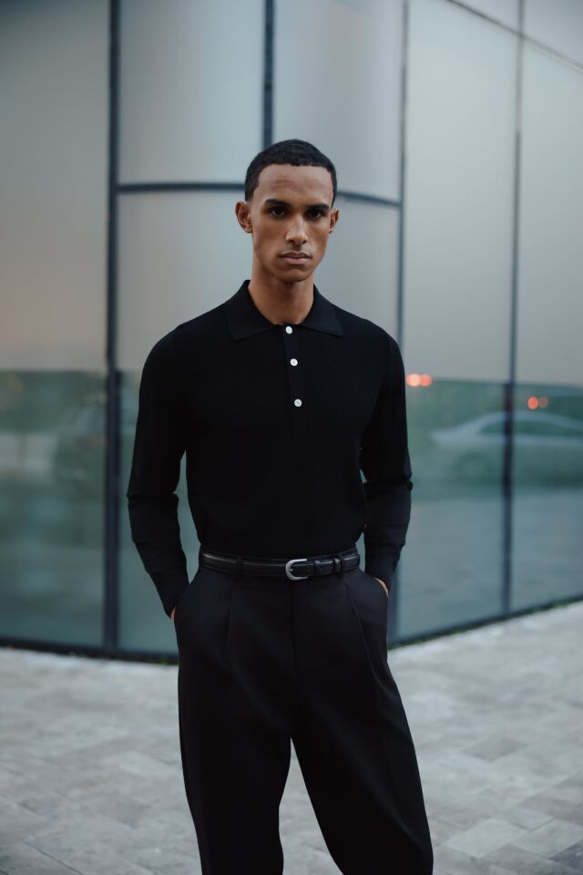 Doppıo Polo Yaka Triko Siyah - XL