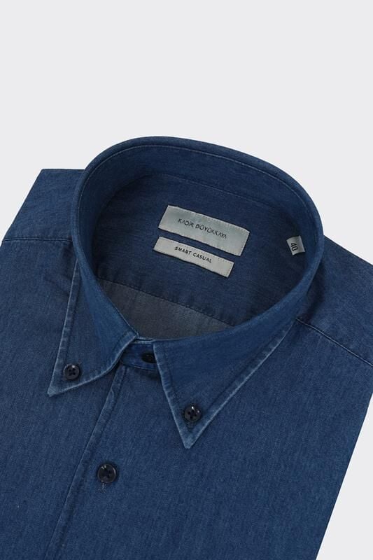 Yaka Düğmeli Gömlek Koyu Mavi - 40