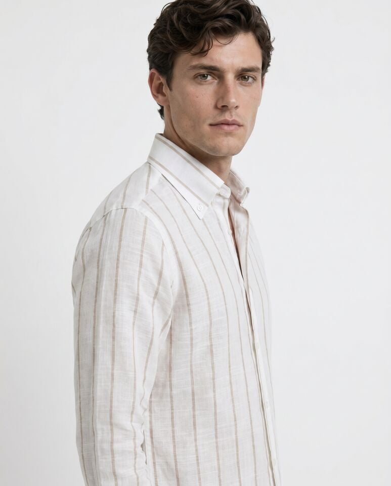 Enzo Yaka Düğmeli Gömlek Bej - 46