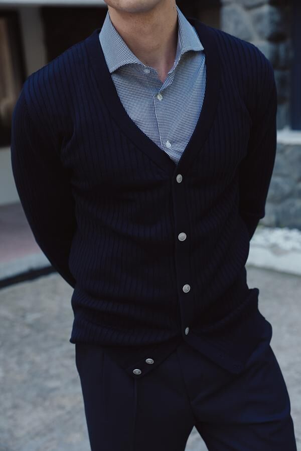 V Yaka Hırka Lacivert - XXL