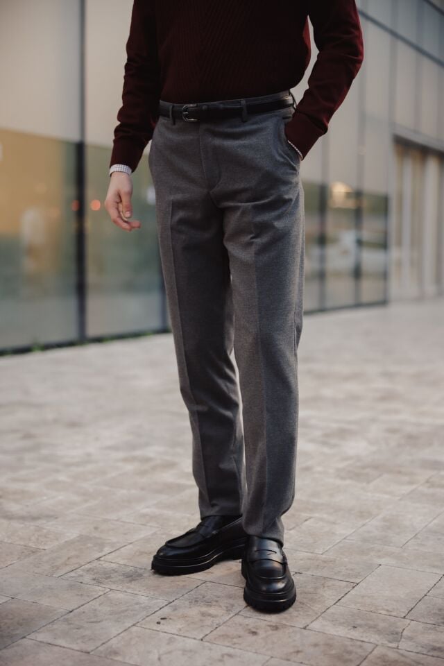 Luxe Flanel Slim Fit Pantolon Füme - 40