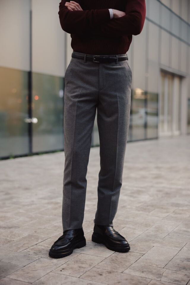 Luxe Flanel Slim Fit Pantolon Füme - 46