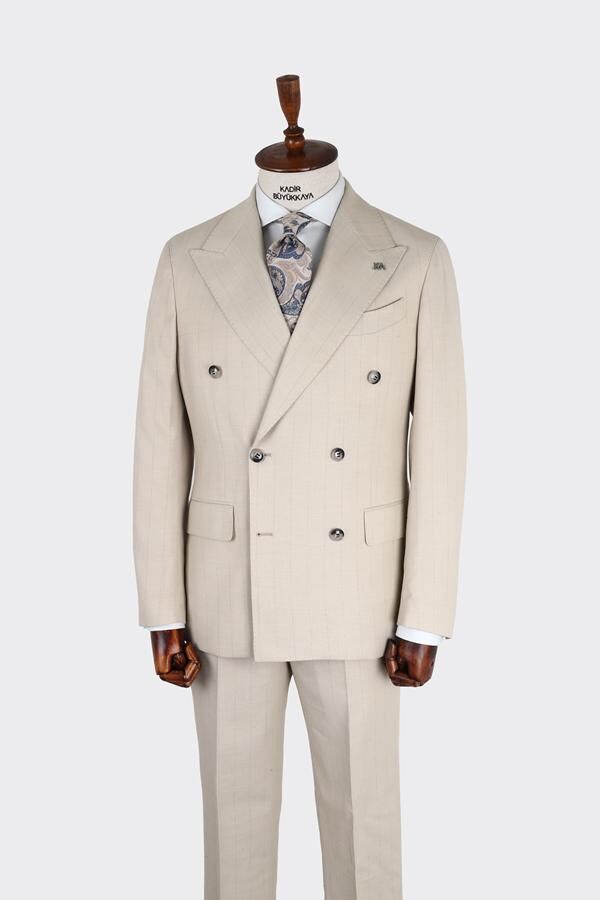 بدلة مزدوجة الصدر، بيج - مقاس 46